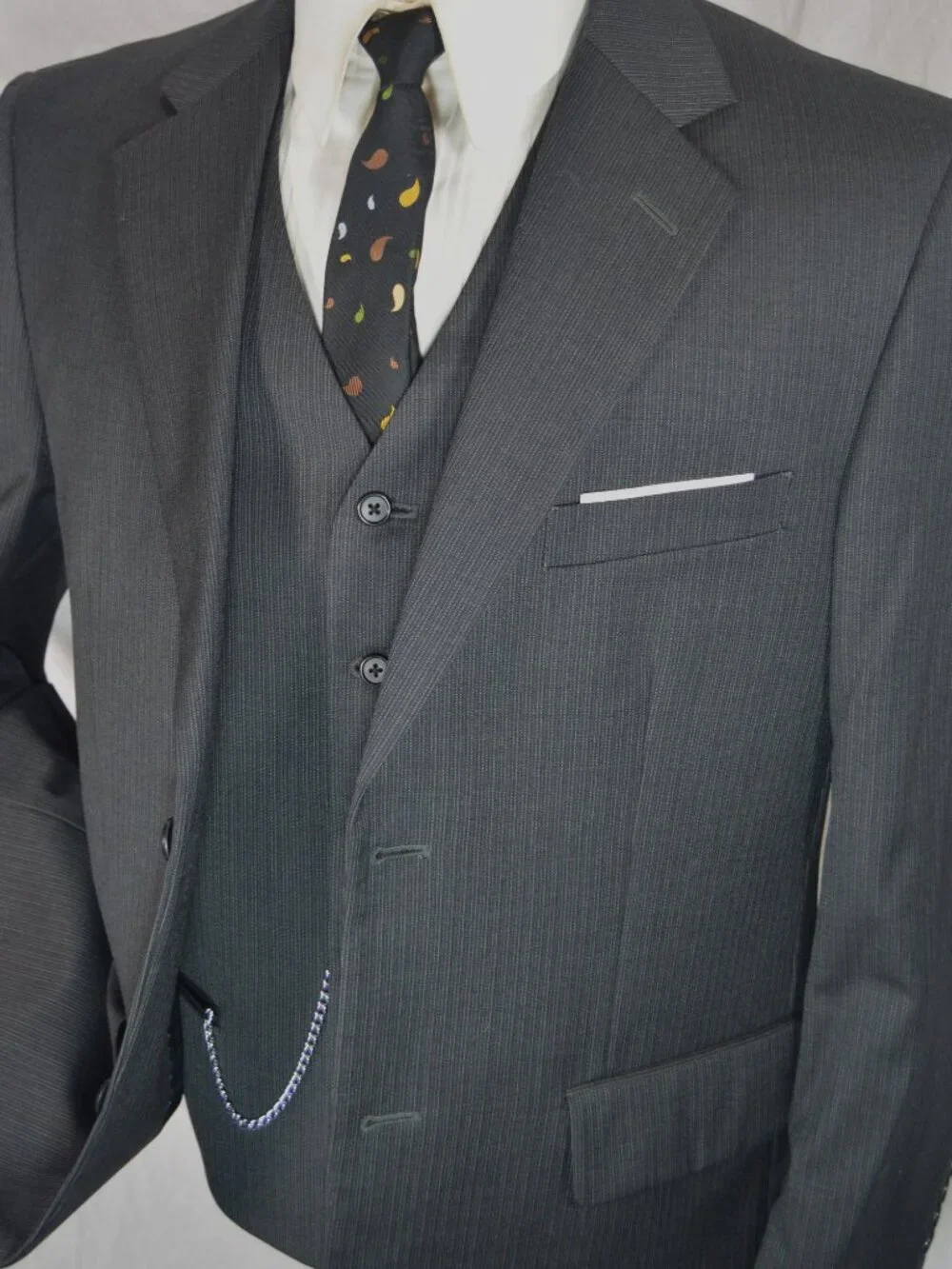 Alfani Charcoal 100% Wool Pinstripe 3 PC Suit 40 S 34 x 28 Dual Vent $495 MSRP